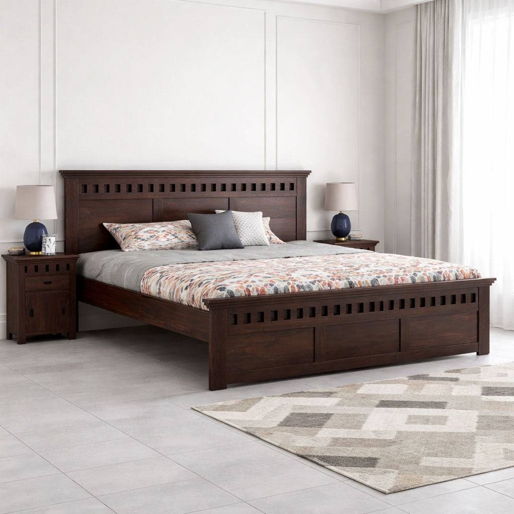Double Bed Cot Palang With Headboard King Size - Walnut Finish (WS)