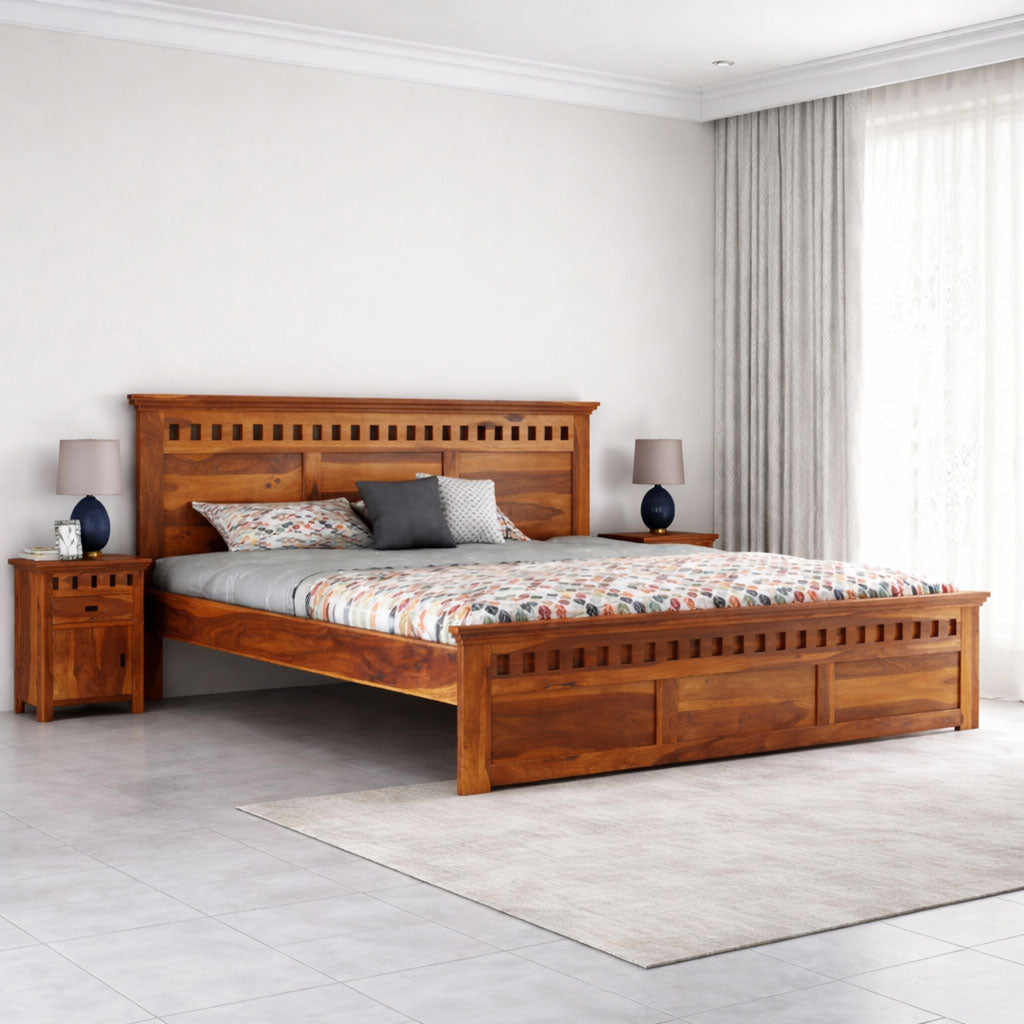 Double Bed Cot Palang With Headboard Queen Size - Honey Finish (WS)