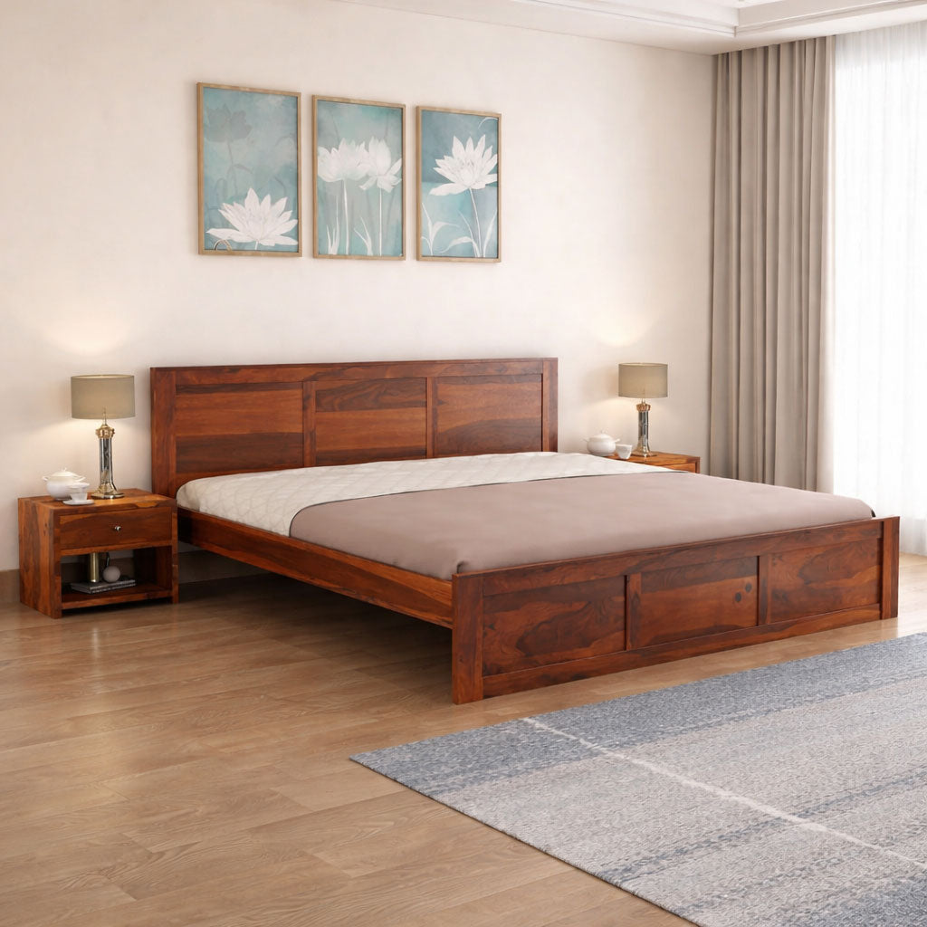 Double Bed Cot Palang With Headboard Queen Size - Honey Finish (WTS)