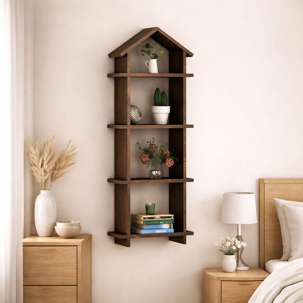 GHROYAL Sheesham Wood Hut Shape Wall Shelves Wall Mounted Display Rack Storage Organizer Corner Hanging Shelf for Living Room Bedroom Home Office D�cor