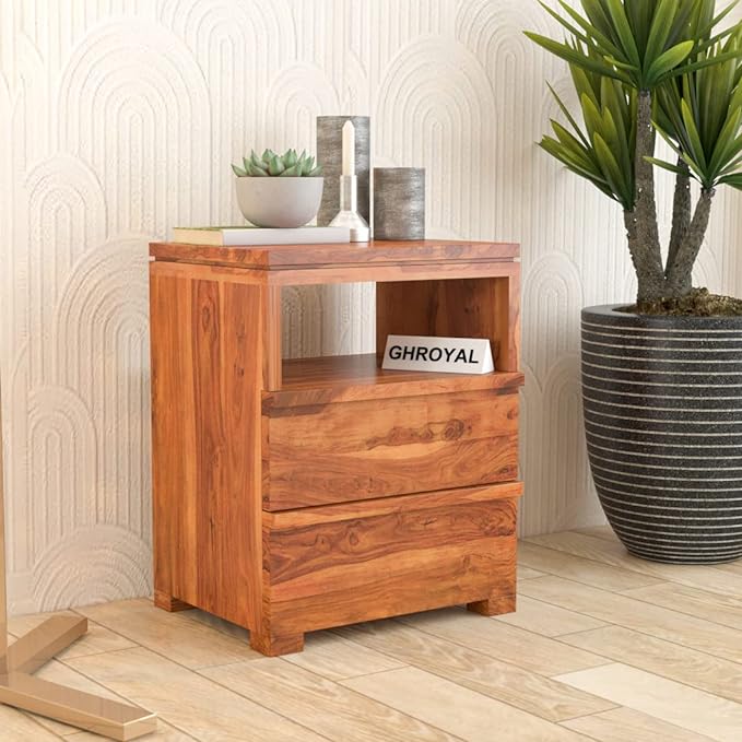 Sheesham Wood Bedside Table With 2 Drawers And Open Shelf Storage