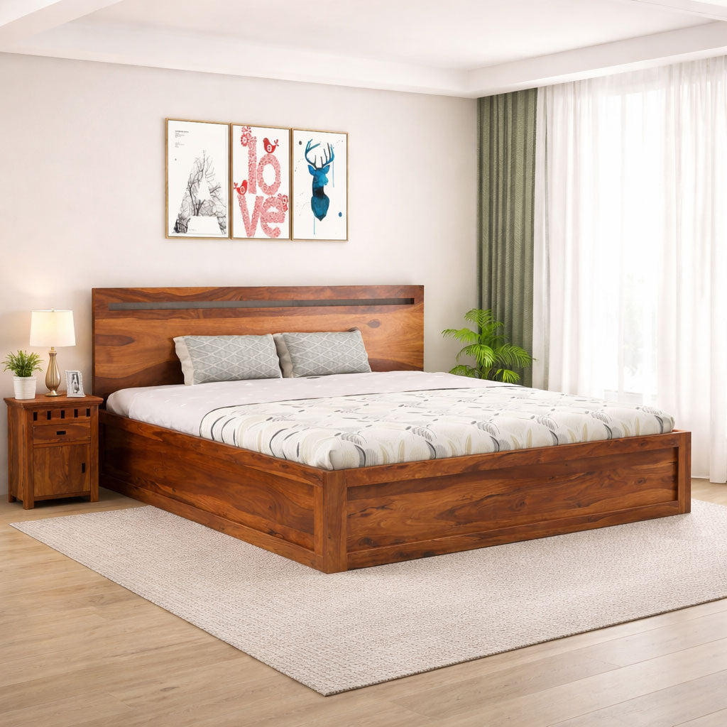 King Size Bed With Box Storage | Honey Finish