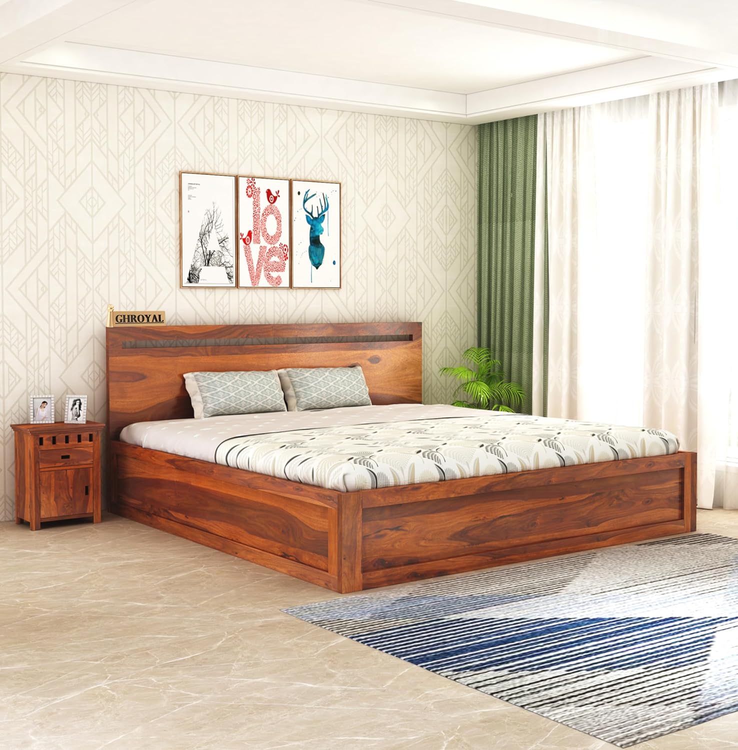 King Size Bed With Box Storage | Honey Finish