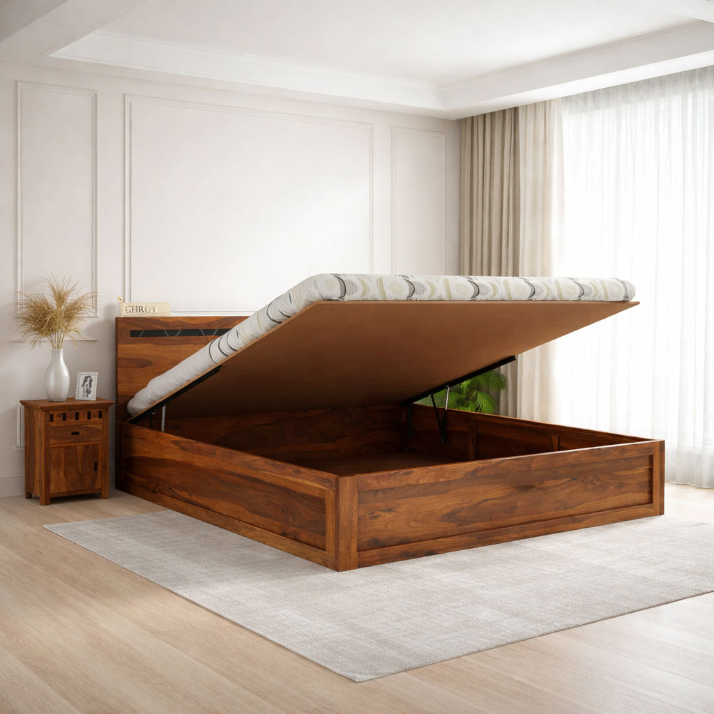 King Size Bed With Hydraulic Storage | Honey Finish