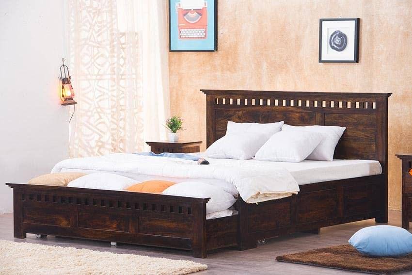 Kuber Queen Size Bed With Open Dual Storage - Walnut Finish - Front & Back Opening