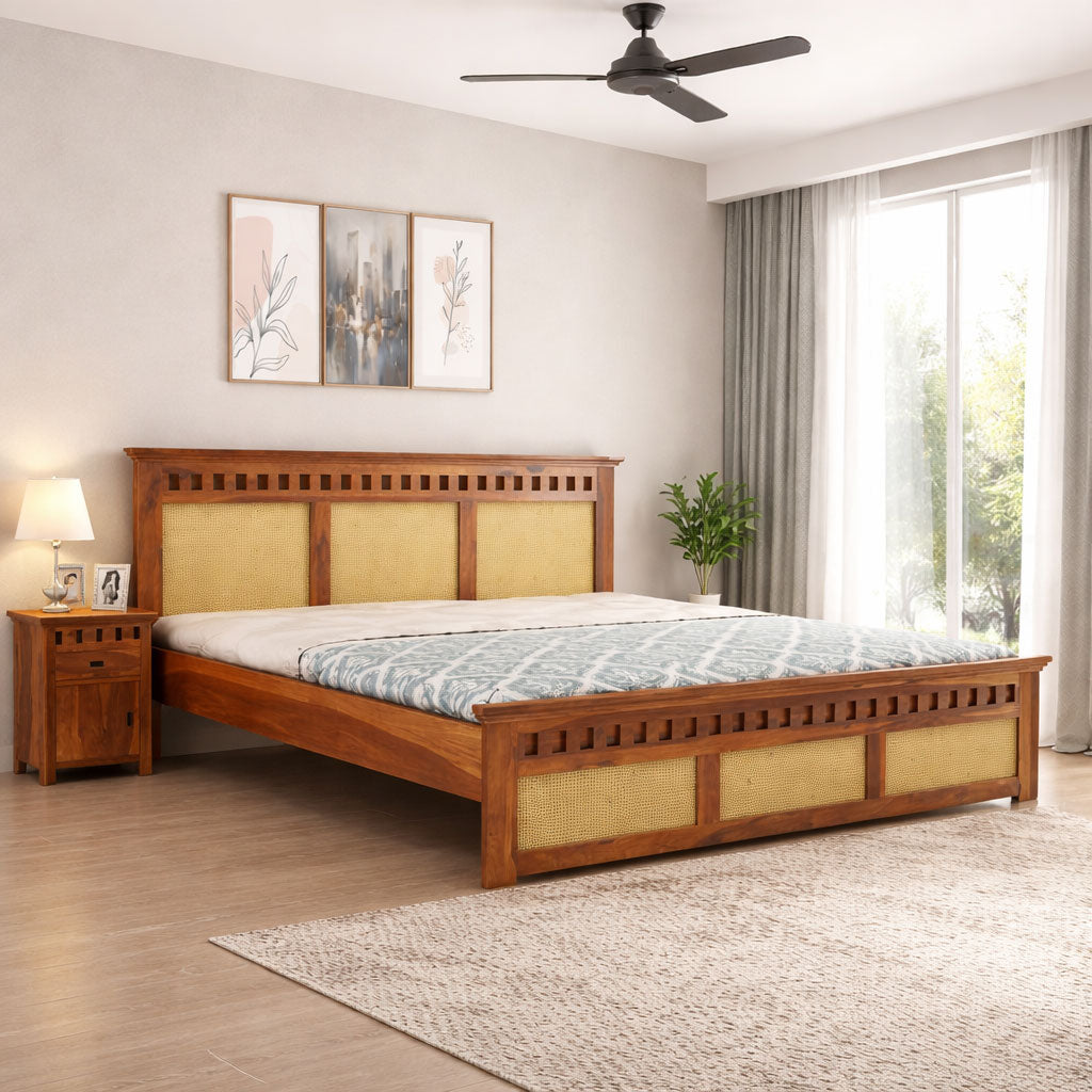 King Size Cane Bed Without Storage | Wooden Cot Double Bed | Honey Finish