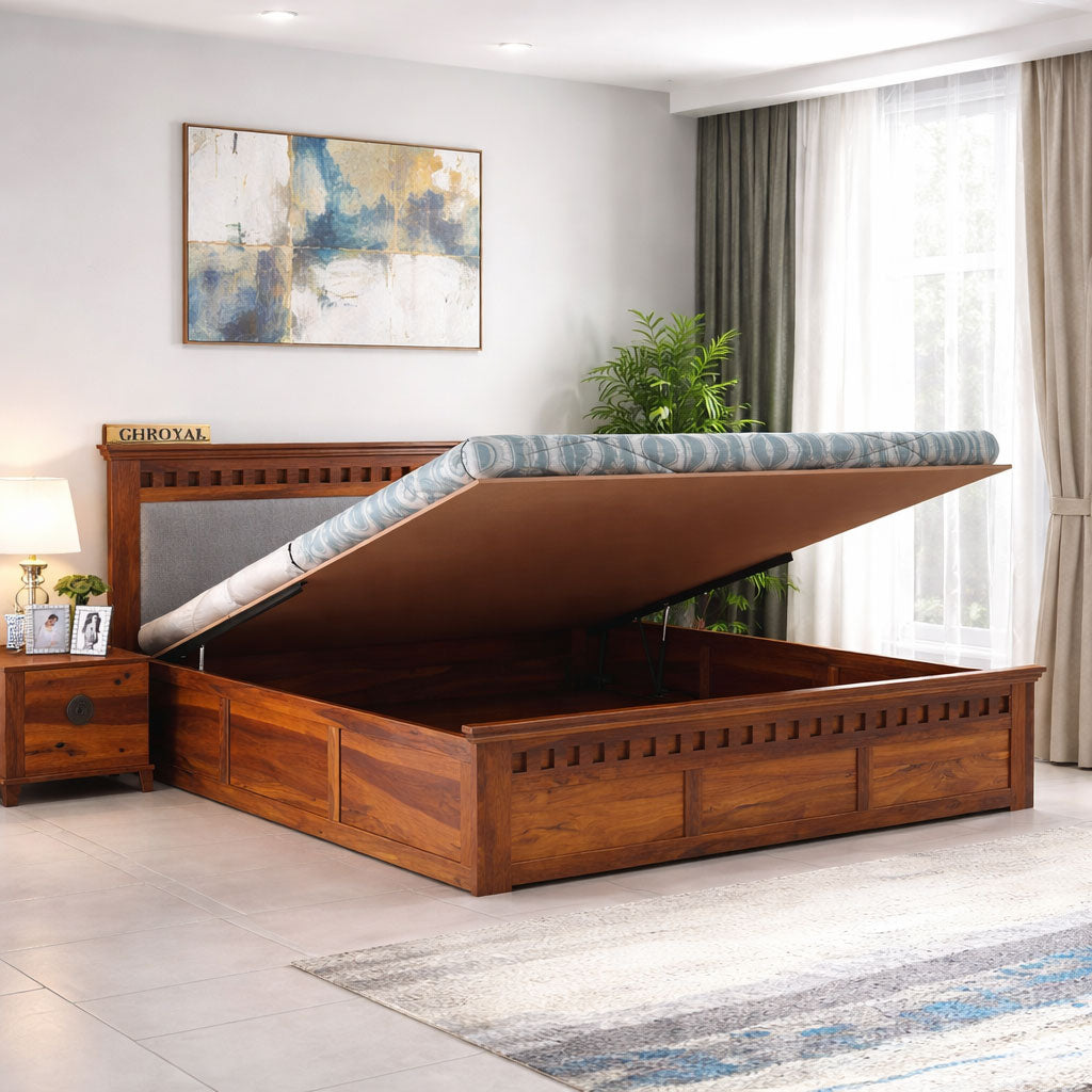 King Size Hydraulic Storage Double Bed Cot Palang - Grey & Honey