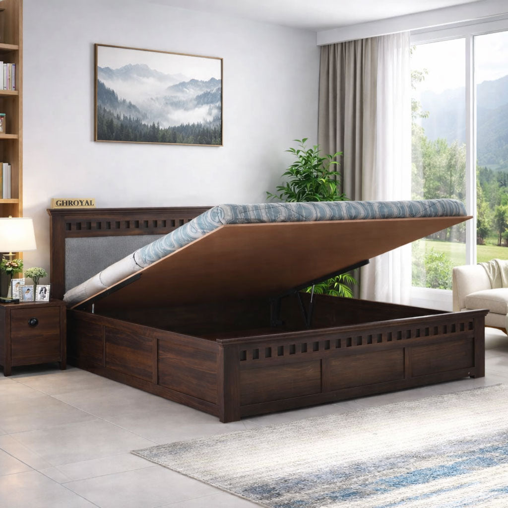King Size Hydraulic Storage Double Bed Cot Palang - Grey & Walnut