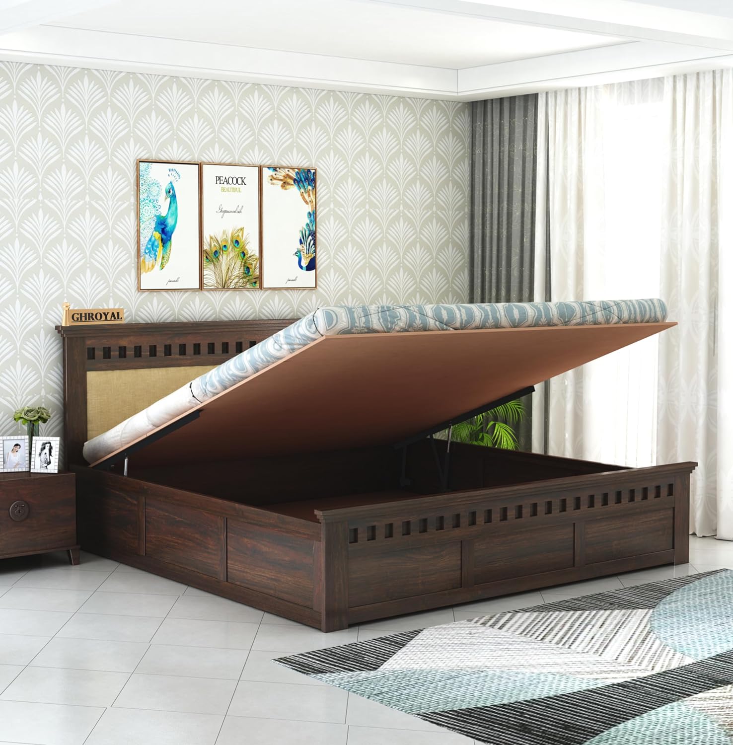 Queen Size Hydraulic Storage Double Bed Cot Palang - Cream & Walnut
