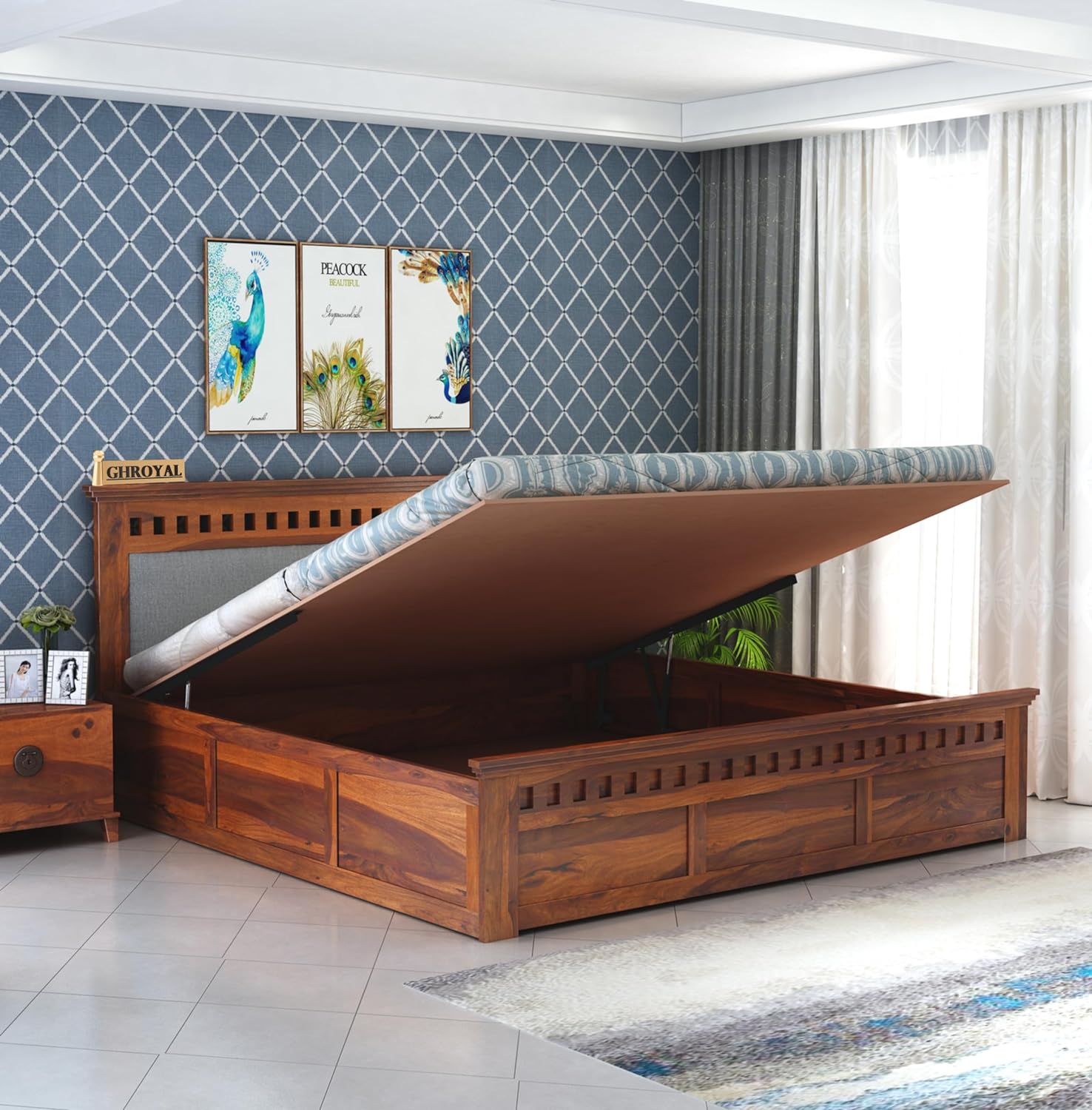 King Size Hydraulic Storage Double Bed Cot Palang - Grey & Honey