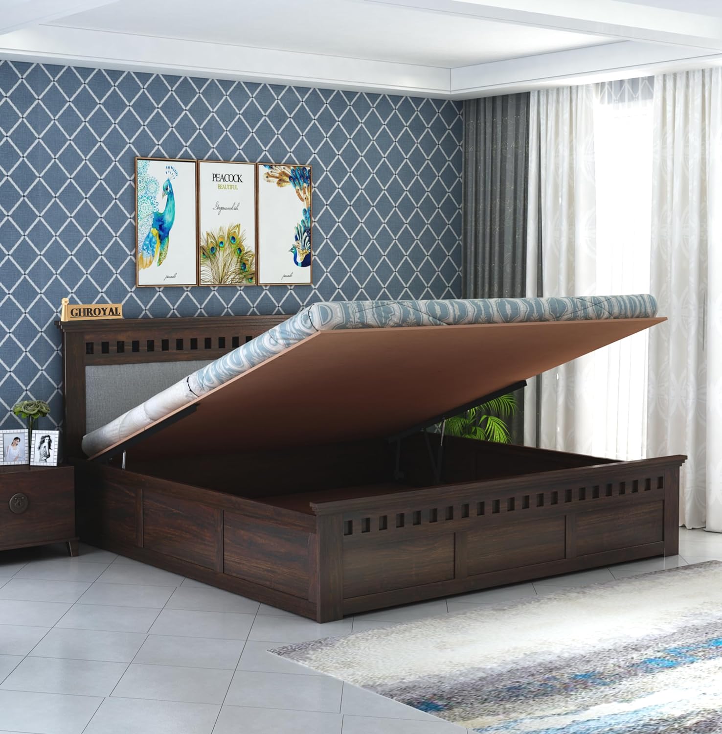 Queen Size Hydraulic Storage Double Bed Cot Palang - Grey & Walnut