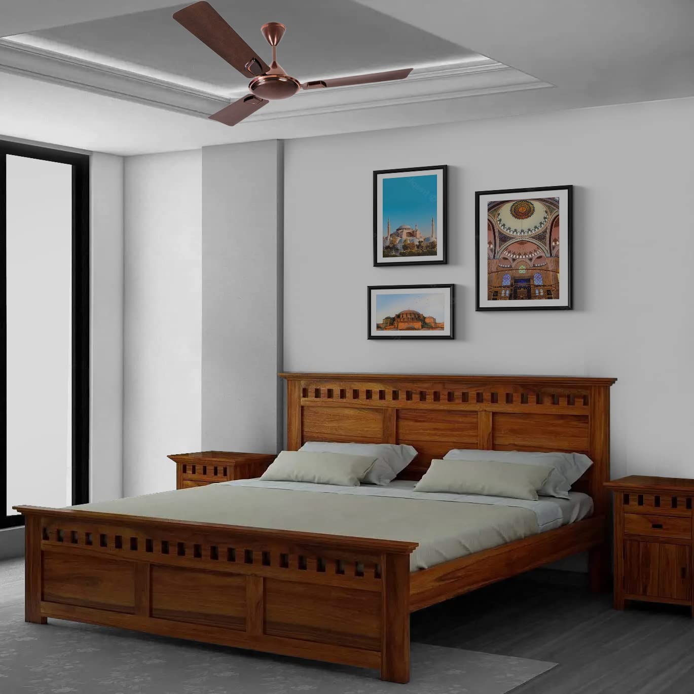 Queen Size Without Storage Double Bed Cot Palang - Honey Finish