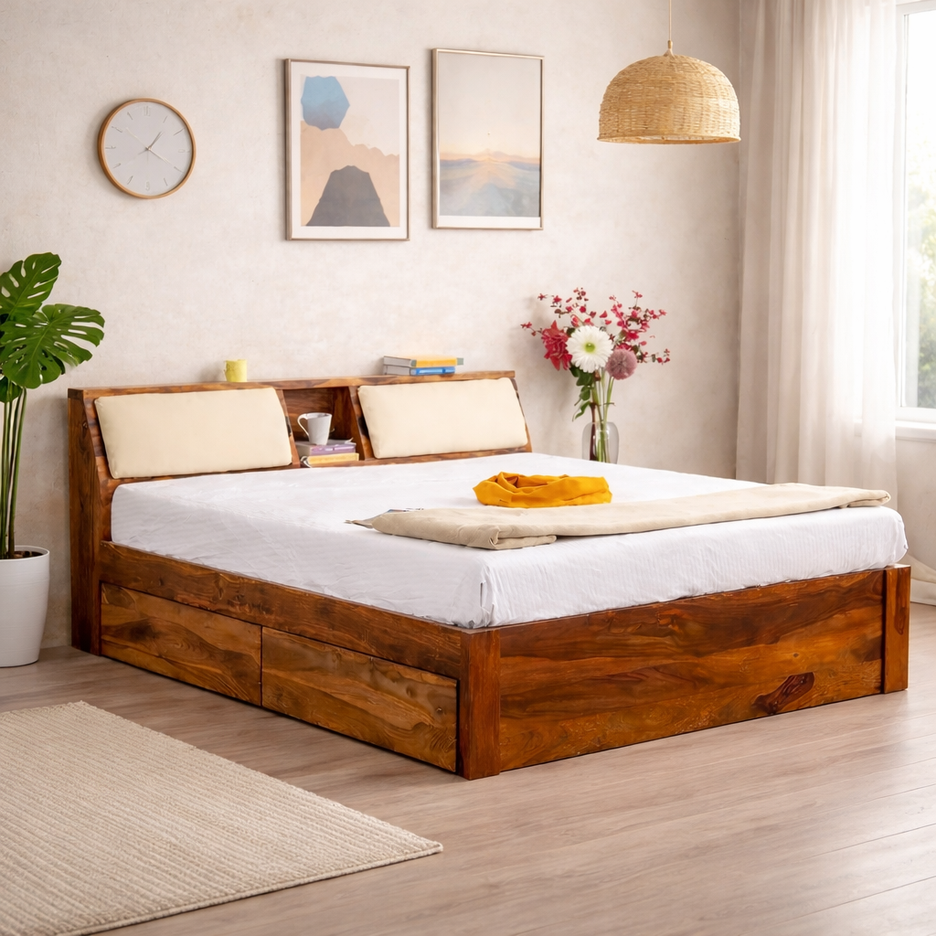 King Size Double Bed With Drawer Storage | Honey Finish