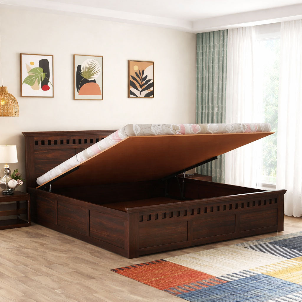 Kuber King Size Bed With Hydraulic Storage - Walnut Finish