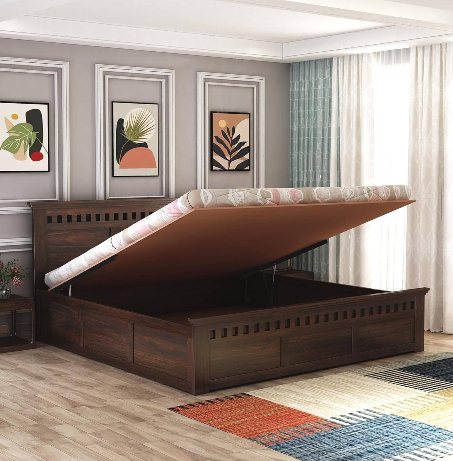 Kuber King Size Bed With Hydraulic Storage - Walnut Finish