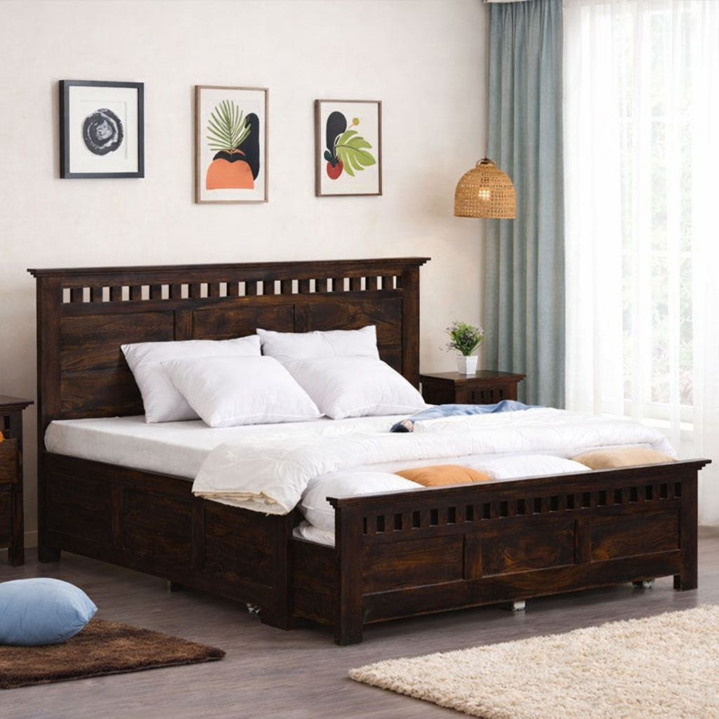 Kuber King Size Bed With Open Dual Storage - Walnut Finish - Front & Back Opening