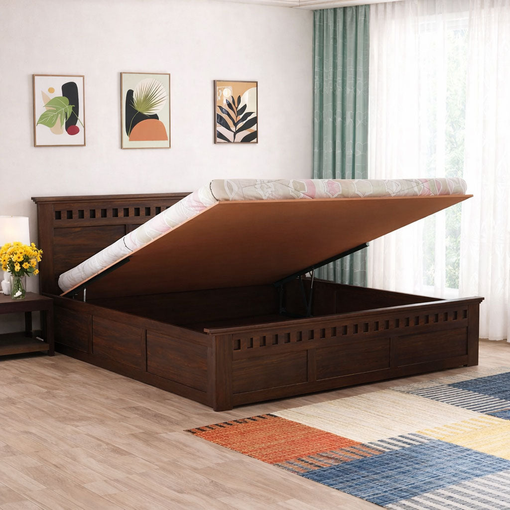 Kuber Queen Size Bed With Hydraulic Storage - Walnut Finish