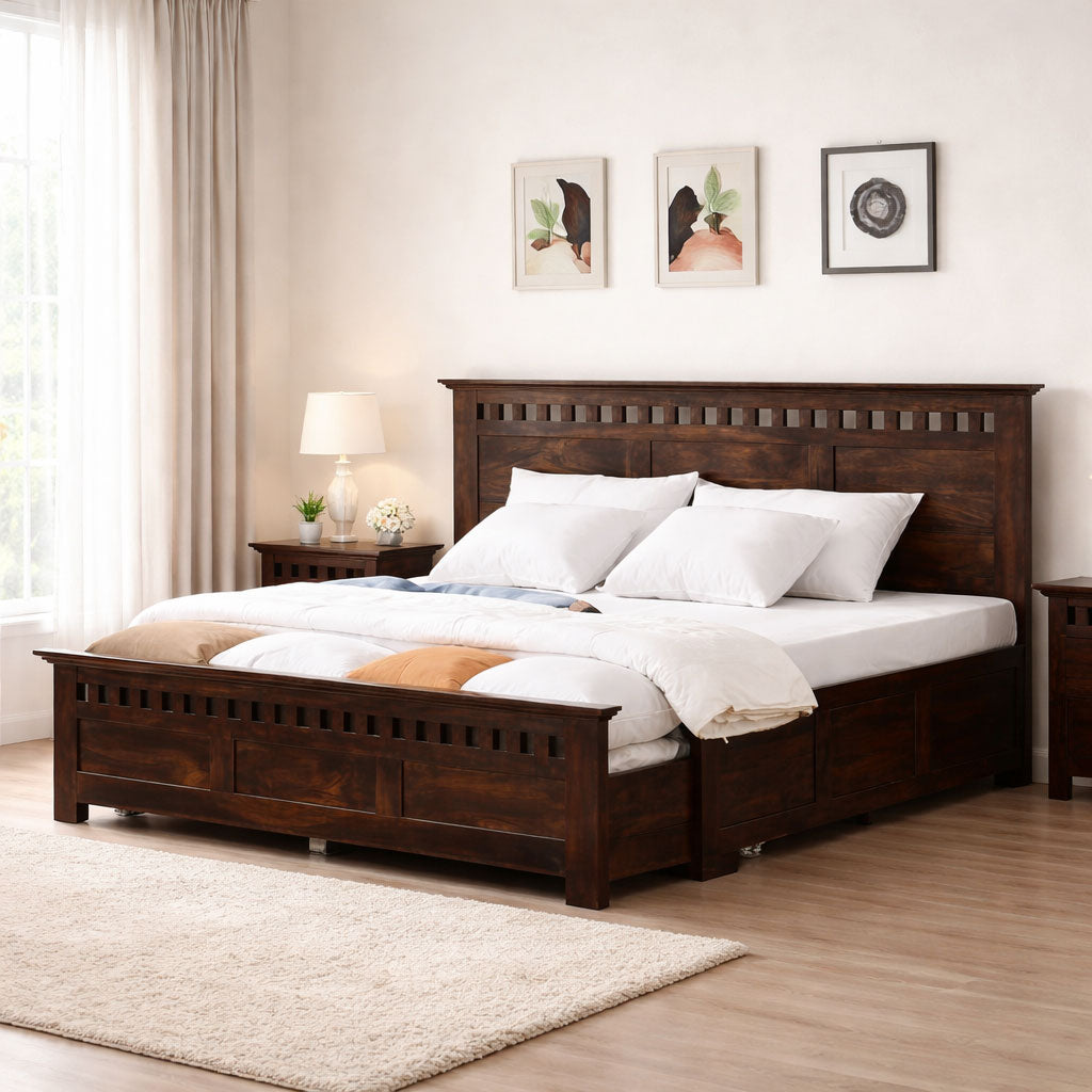Kuber Queen Size Bed With Open Dual Storage - Walnut Finish - Front & Back Opening