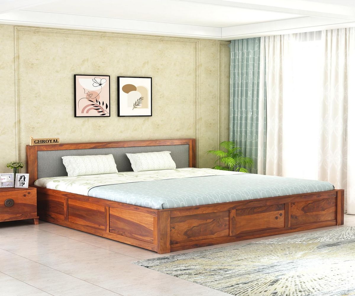 Sheesham Wood Bed King Size With Box Storage | Honey BOX-Grey Cushion