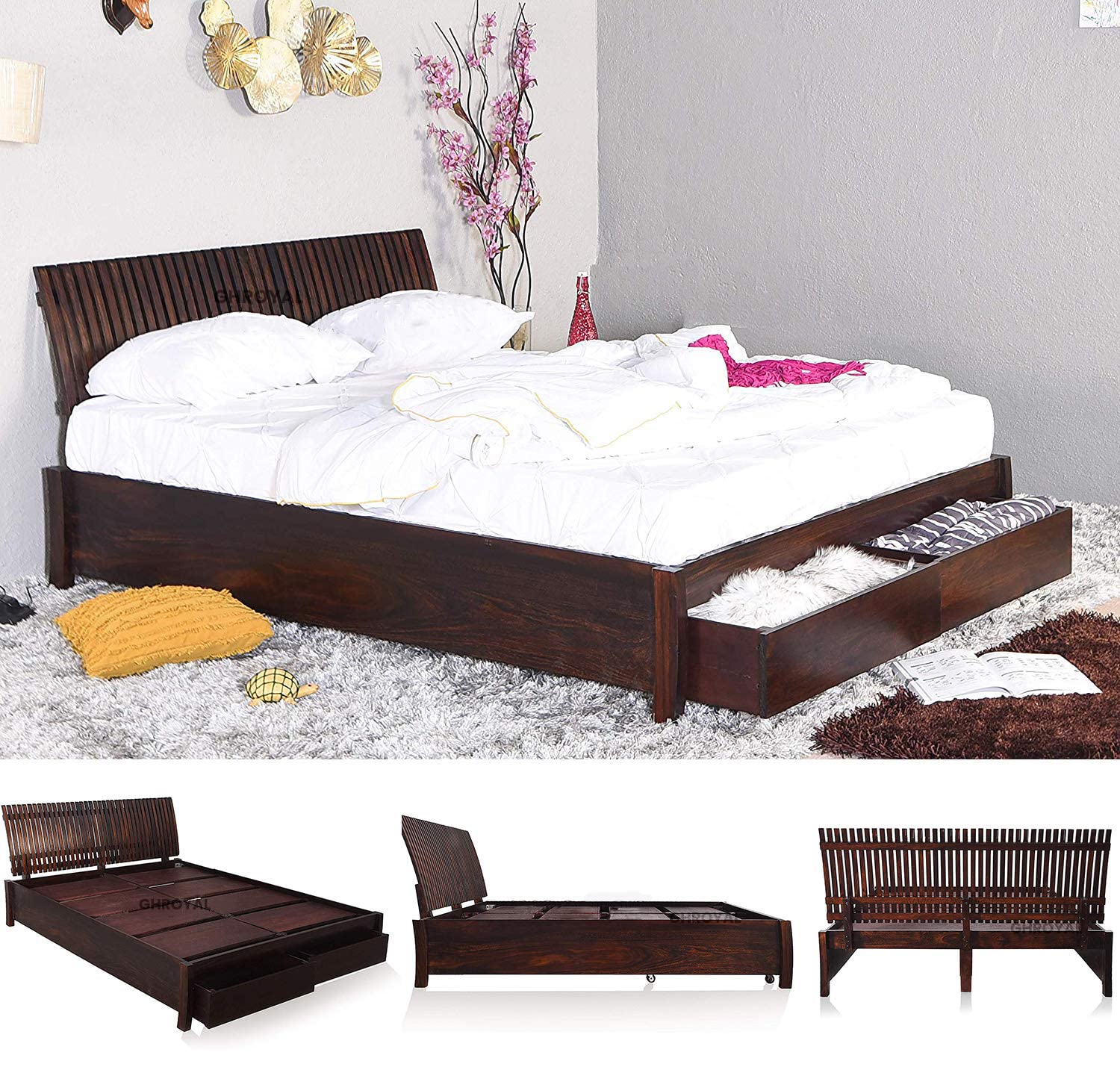Queen Size Bed For Bedroom With Storage | Dark Brown Finish