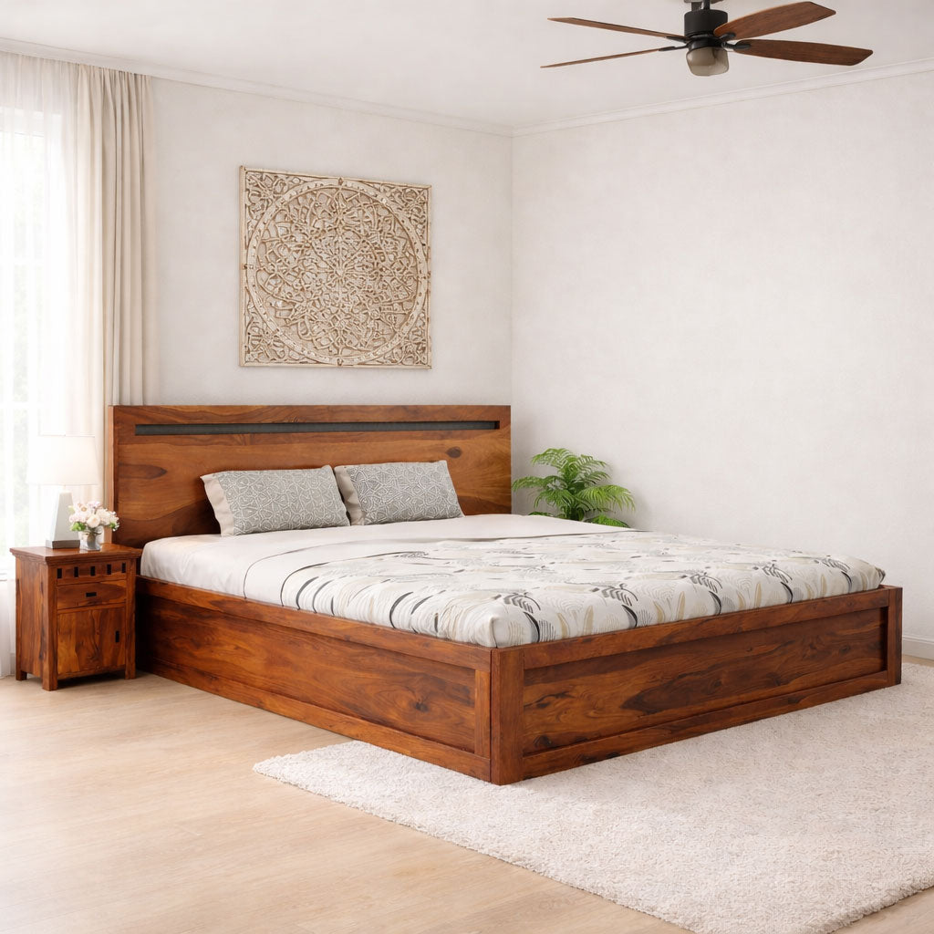 Queen Size Bed With Box Storage | Honey Finish