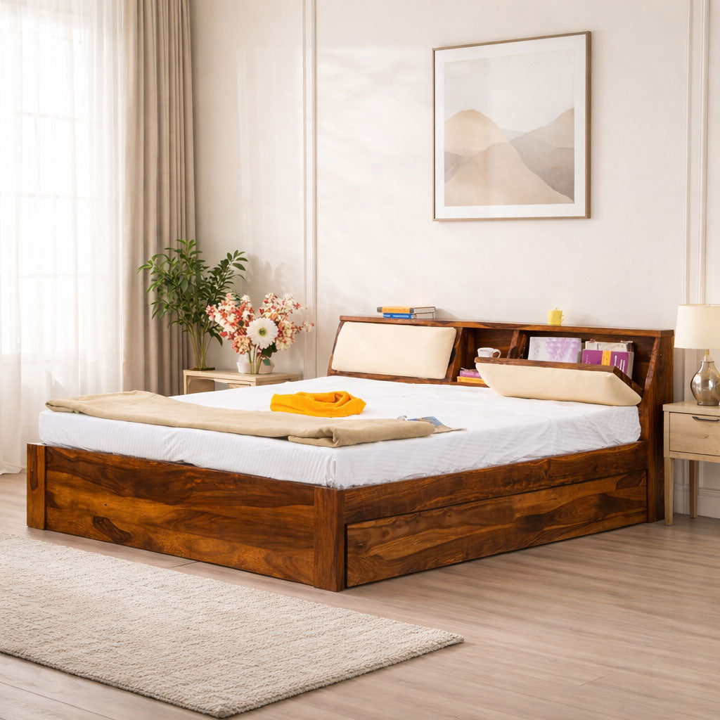 Queen Size Bed With Headboard And 2 Drawer Storage