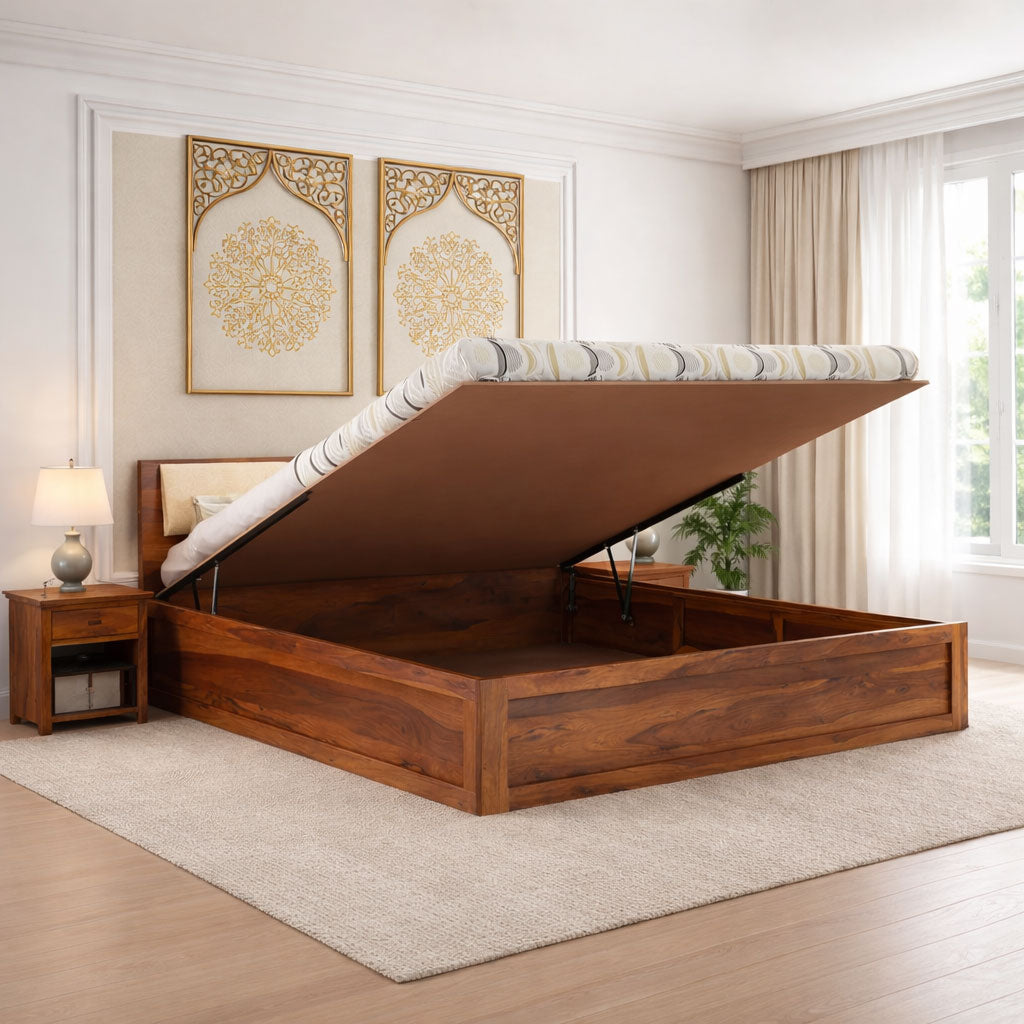 Queen Size Bed With Hydraulic Box Storage | Honey Finish