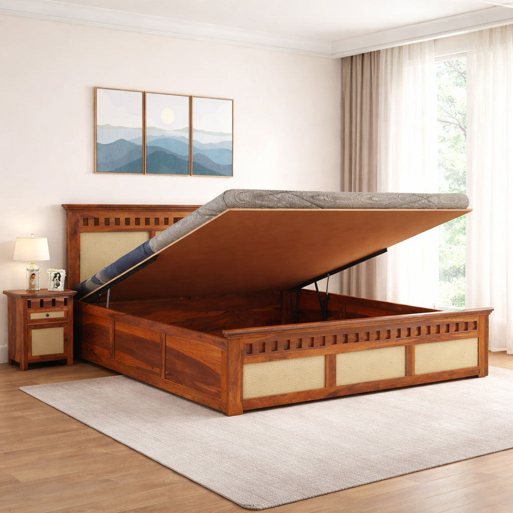 Queen Size Bed With Hydraulic Storage | Honey Finish