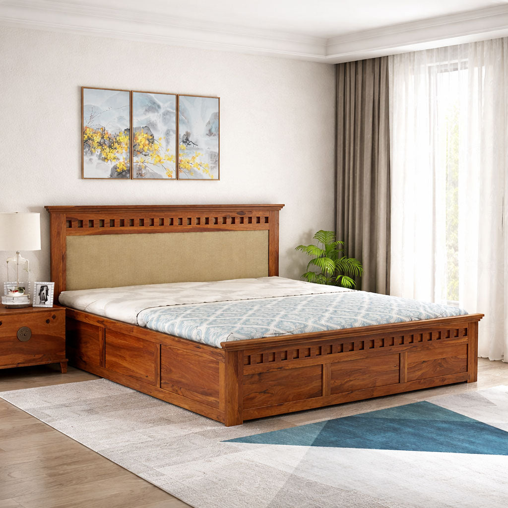 Queen Size Box Storage Double Bed Cot Palang - Cream And Honey