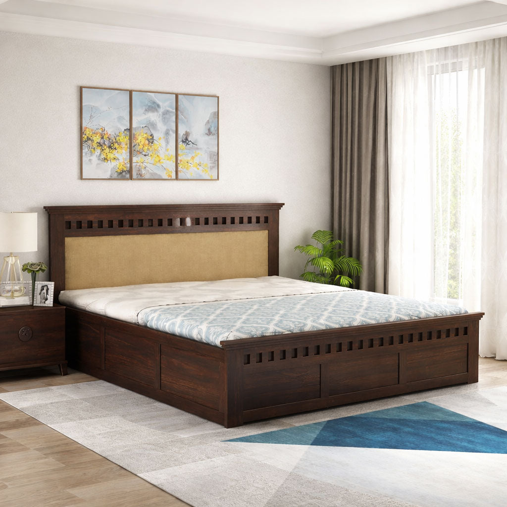 Queen Size Box Storage Double Bed Cot Palang - Cream & Walnut