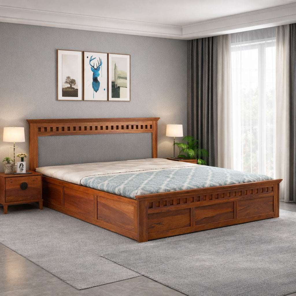 Queen Size Box Storage Double Bed Cot Palang - Grey & Honey