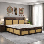 Queen Size Cane Bed With Box Storage | Walnut Finish