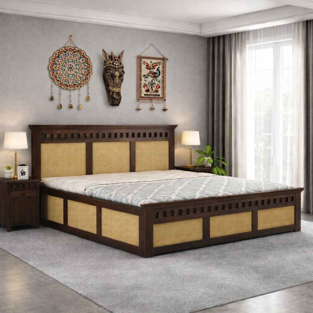 Queen Size Cane Bed With Box Storage | Walnut Finish
