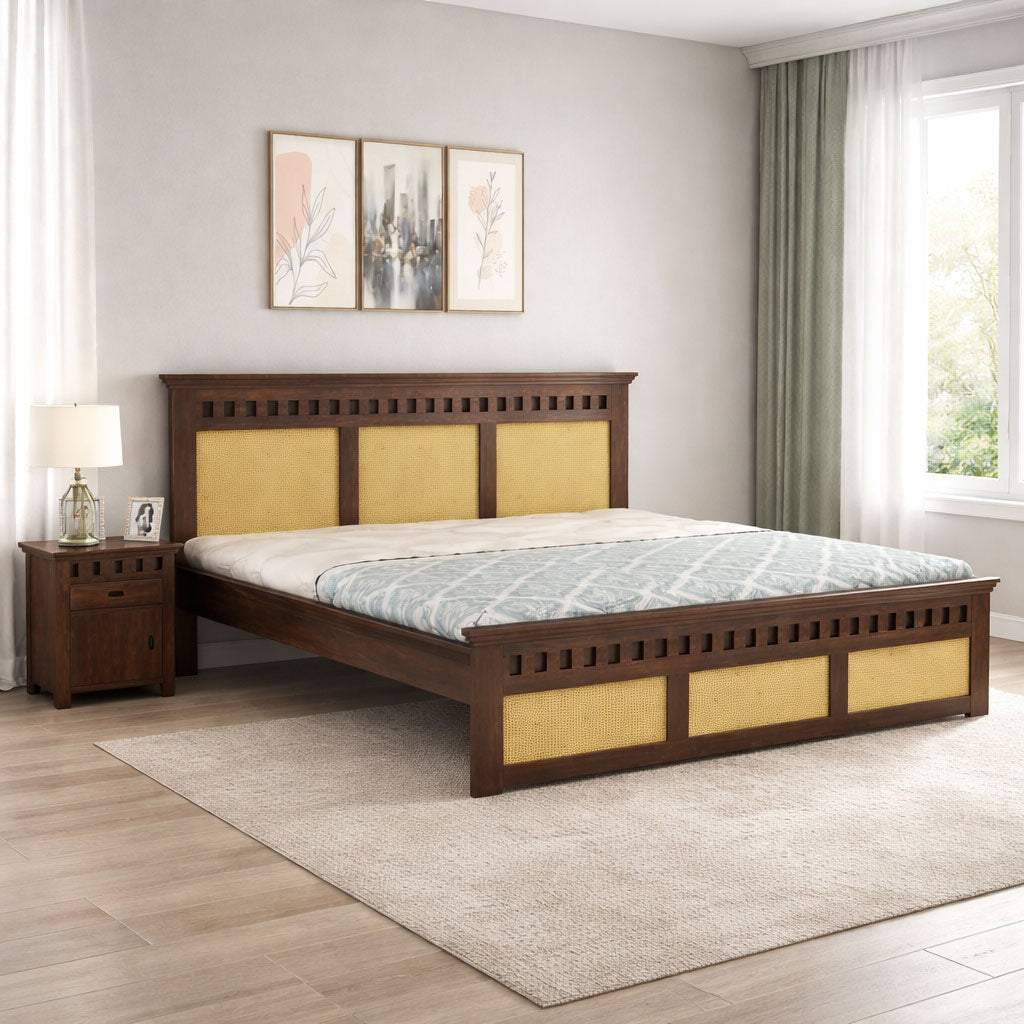 Queen Size Double Cot Bed Without Storage | Walnut Finish