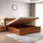 Queen Size Hydraulic Storage Double Bed Cot Palang - Cream And Honey