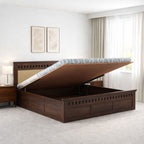 Queen Size Hydraulic Storage Double Bed Cot Palang - Cream & Walnut