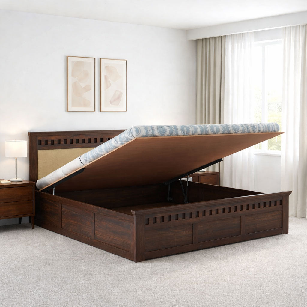 Queen Size Hydraulic Storage Double Bed Cot Palang - Cream & Walnut