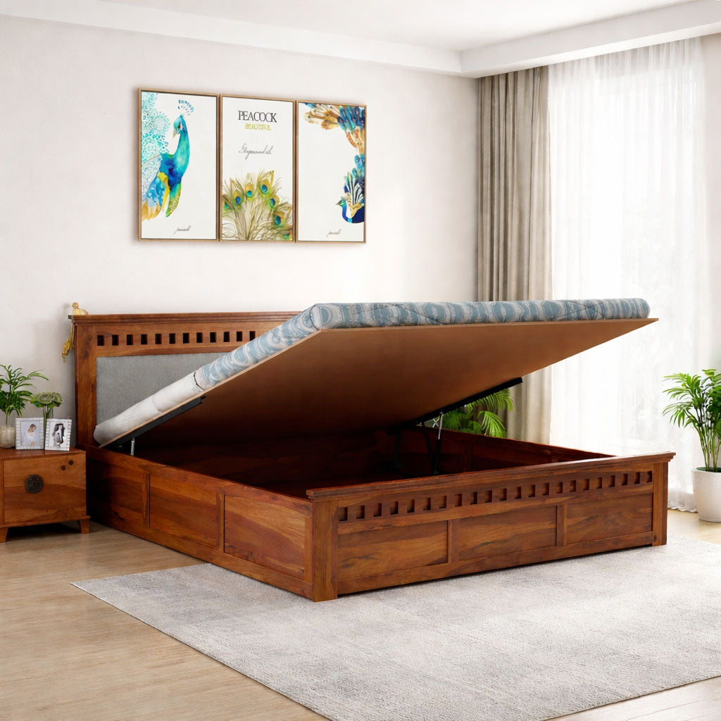 Queen Size Hydraulic Storage Double Bed Cot Palang - Grey & Honey