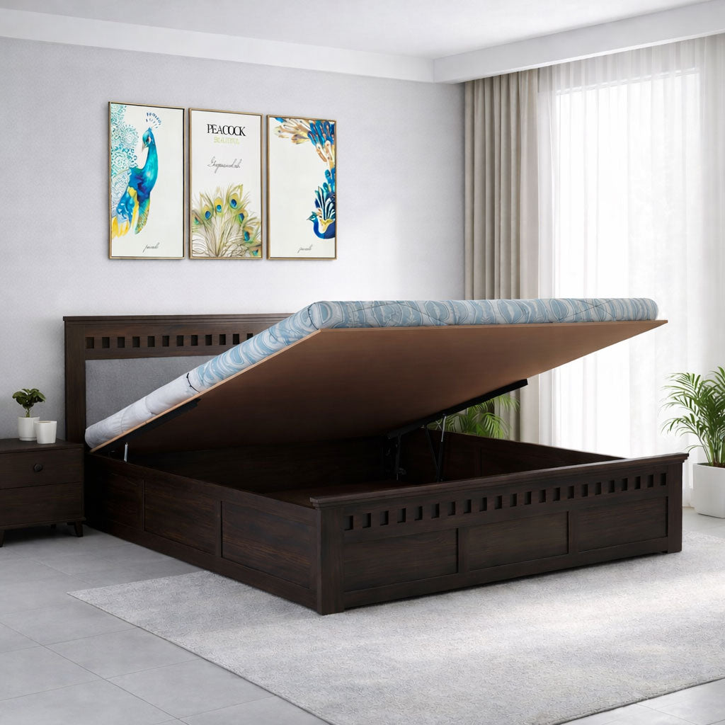 Queen Size Hydraulic Storage Double Bed Cot Palang - Grey & Walnut