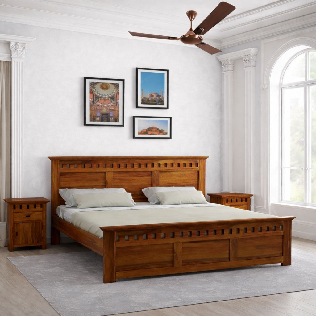 Queen Size Without Storage Double Bed Cot Palang - Honey Finish