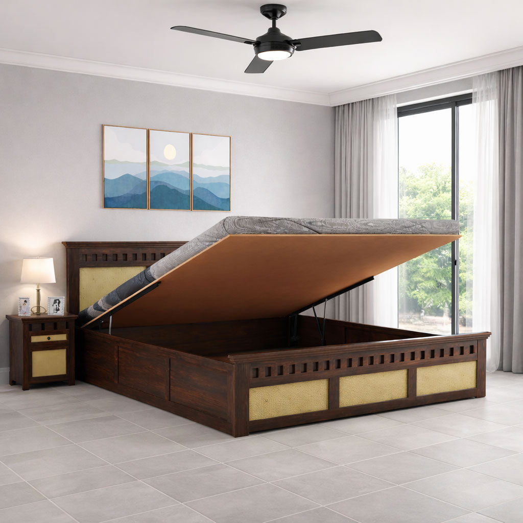 Queen Size Wooden Double Bed With Hydraulic Storage | Walnut Finish