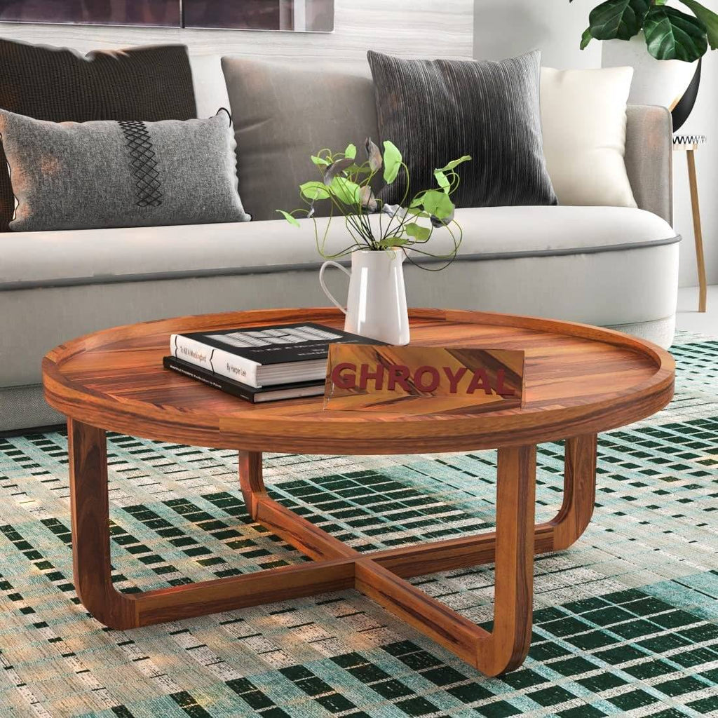 Sheesham Wood Round Center Coffee Table Wooden Teapoy Tea Cocktail Tables Furniture for Home Office Living Room Bedroom Hall