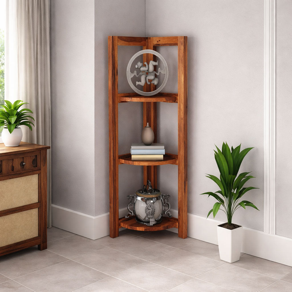 Sheesham Wood 3 Tier Corner Shelf Display Rack Shelves Storage Organizer Ladder Bookshelf for Living Room Bedroom Home Office