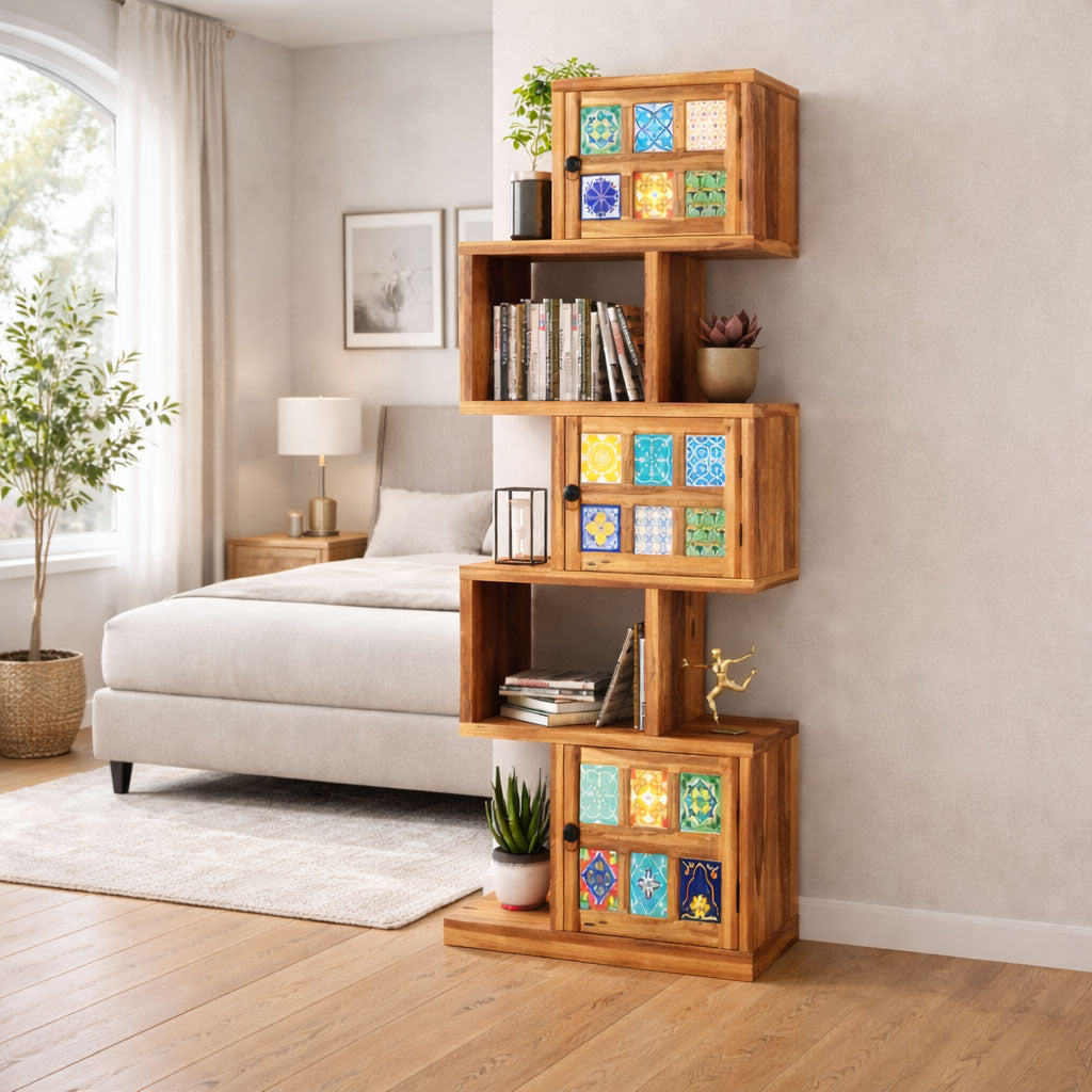 Sheesham Wood 5-Layer Ladder Bookshelf | Zig-Zag Design with 2 Open Shelves & 3 Multicolor Door Storage Bookrack | Display Cabinet Floor Standing Bookcase for Home Library