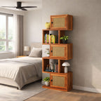 Sheesham Wood 5-Layer Ladder Bookshelf | Zig-Zag Design with 2 Open Shelves & 3 Rattan Wicker Door Storage Bookrack | Display Cabinet Floor Standing Bookcase for Library