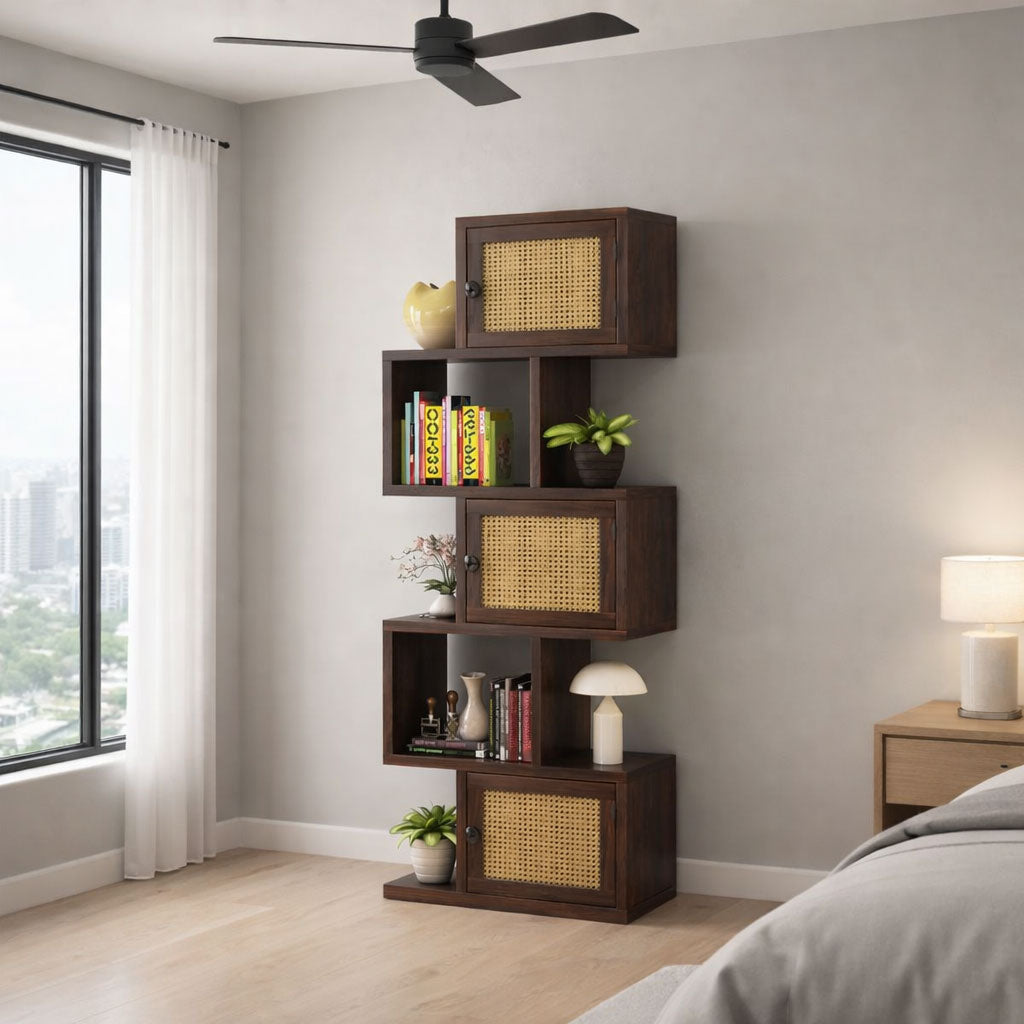 Sheesham Wood 5-Layer Ladder Bookshelf | Zig-Zag Design with 2 Open Shelves & 3 Rattan Wicker Door Storage Bookrack | Display Cabinet Floor Standing Bookcase for Library