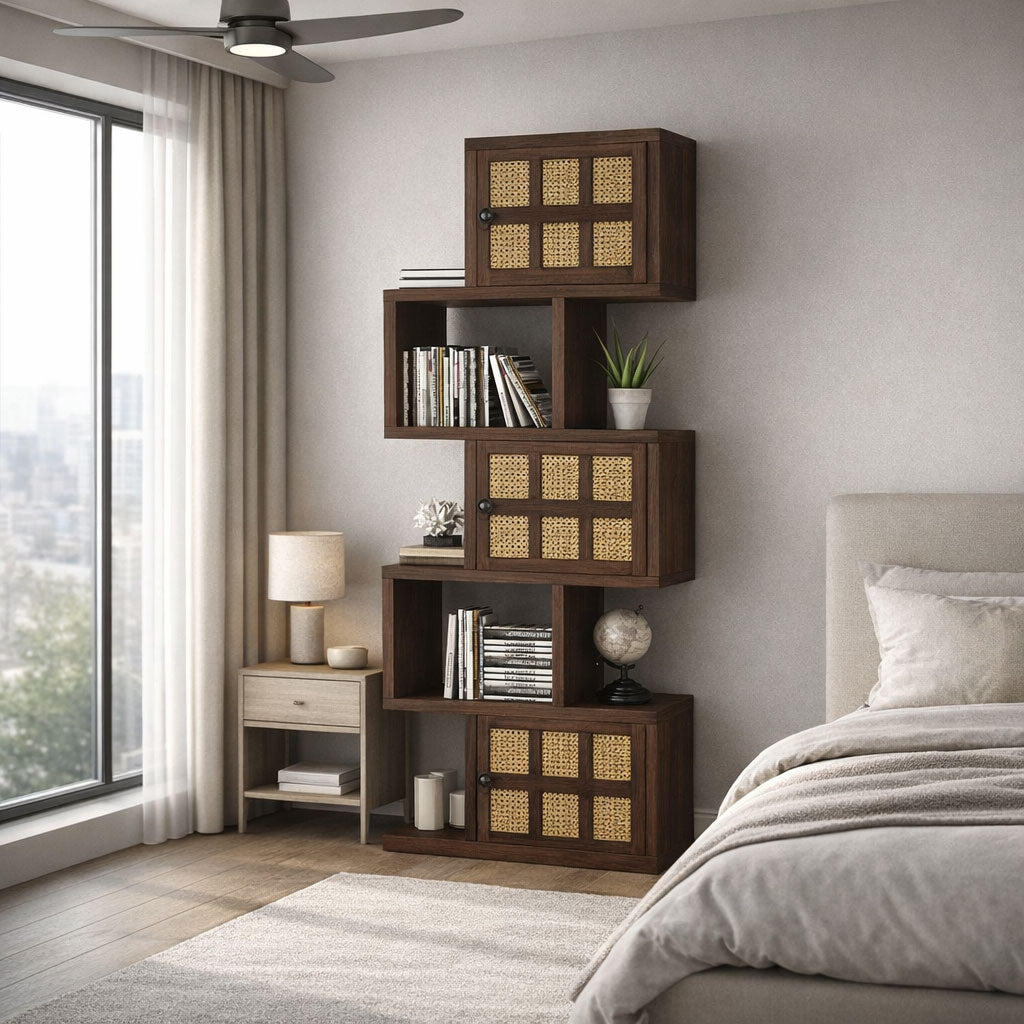 Sheesham Wood 5-Layer Ladder Bookshelf with Zig-Zag Design with 2 Open Shelves & 3 Rattan Wicker Door Storage | Display Cabinet Floor Standing Bookcase for Office, Library