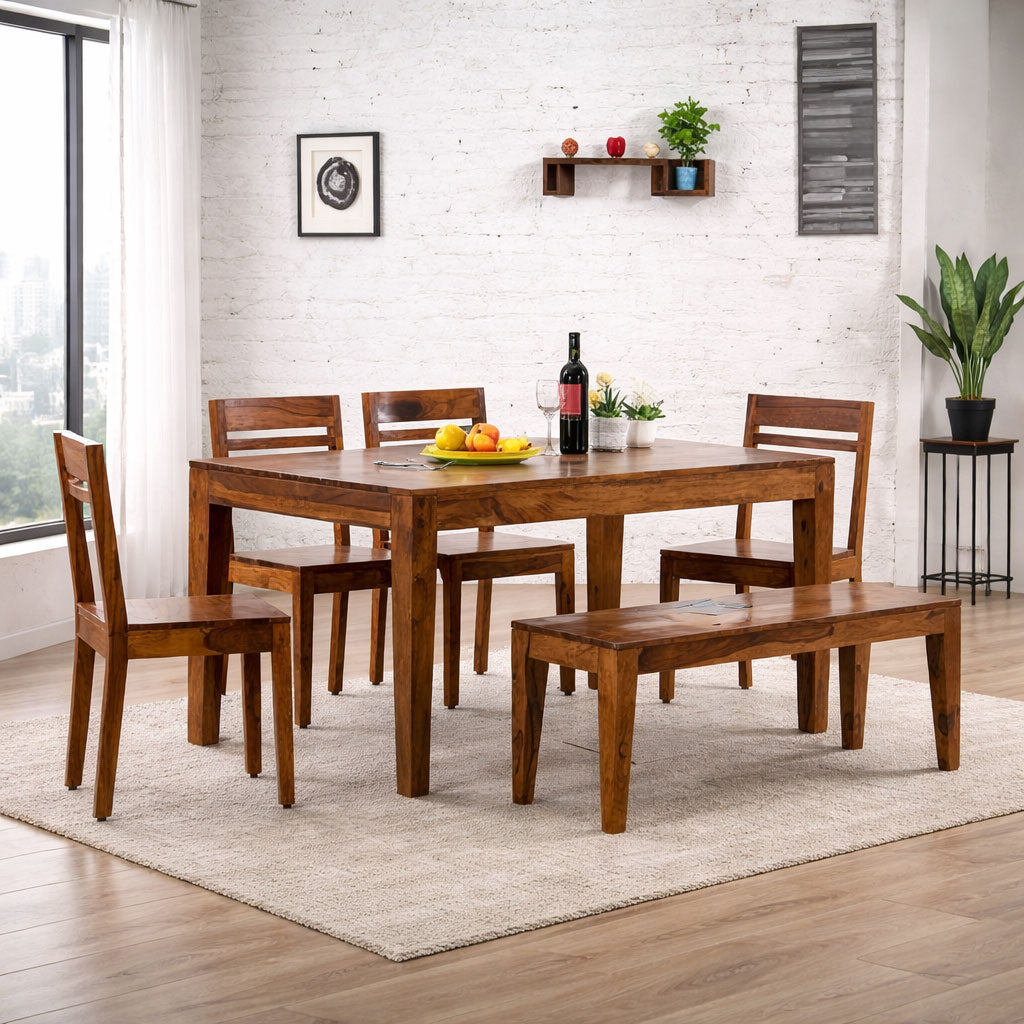 Sheesham Wood 6 Seater Dining Table with 4 Chairs and Bench Wooden Dinner Table Furniture Set for Living Room Hall Home & Office