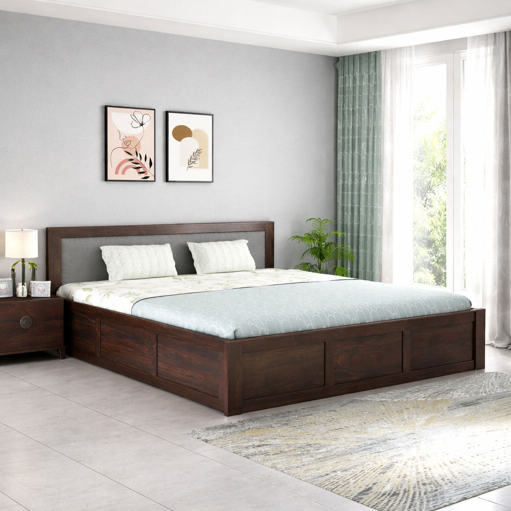 Sheesham Wood Bed King Size | Walnut Box-Grey Cushion
