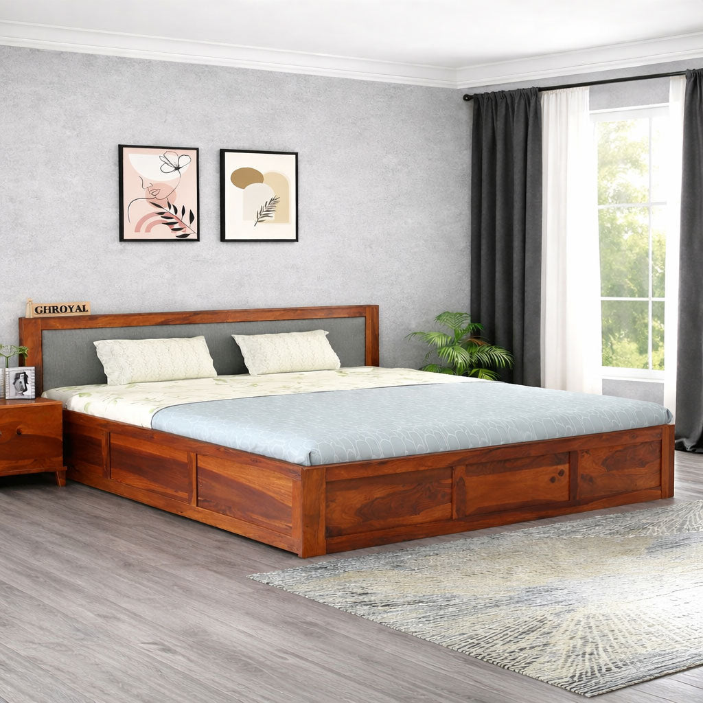 Sheesham Wood Bed King Size With Box Storage | Honey BOX-Grey Cushion